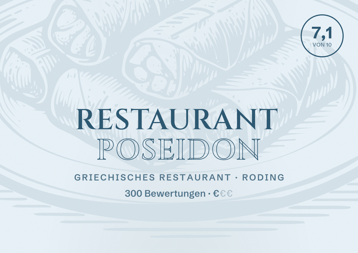 Illustriertes Poster von Restaurant Poseidon, Griechisches Restaurant in Roding: Bewertung 7,1 von 10 aus 300 Bewertungen, Preisniveau €