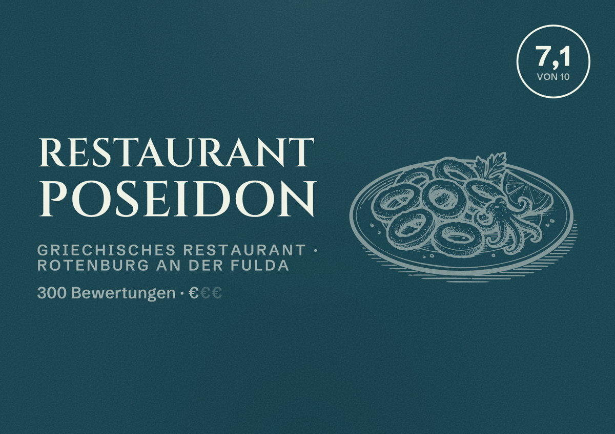 Illustriertes Poster von Restaurant Poseidon, Griechisches Restaurant in Rotenburg an der Fulda: Bewertung 7,1 von 10 aus 300 Bewertungen, Preisniveau €