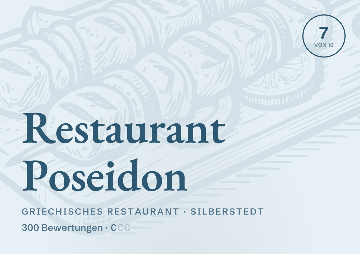 Illustriertes Poster von Restaurant Poseidon, Griechisches Restaurant in Silberstedt: Bewertung 7 von 10 aus 300 Bewertungen, Preisniveau €