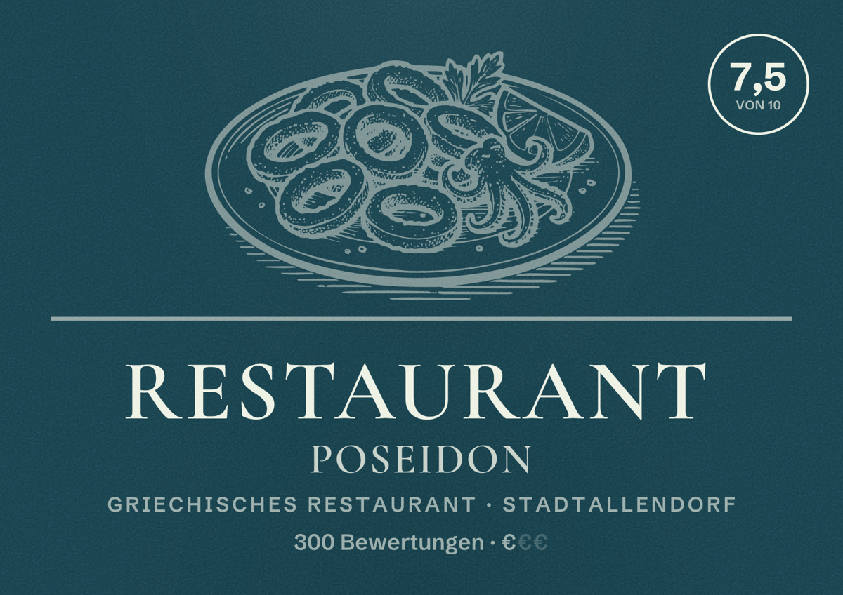 Illustriertes Poster von Restaurant Poseidon, Griechisches Restaurant in Stadtallendorf: Bewertung 7,5 von 10 aus 300 Bewertungen, Preisniveau €