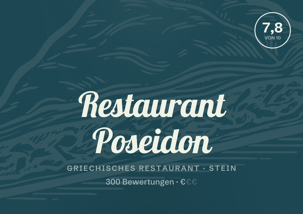 Illustriertes Poster von Restaurant Poseidon, Griechisches Restaurant in Stein: Bewertung 7,8 von 10 aus 300 Bewertungen, Preisniveau €
