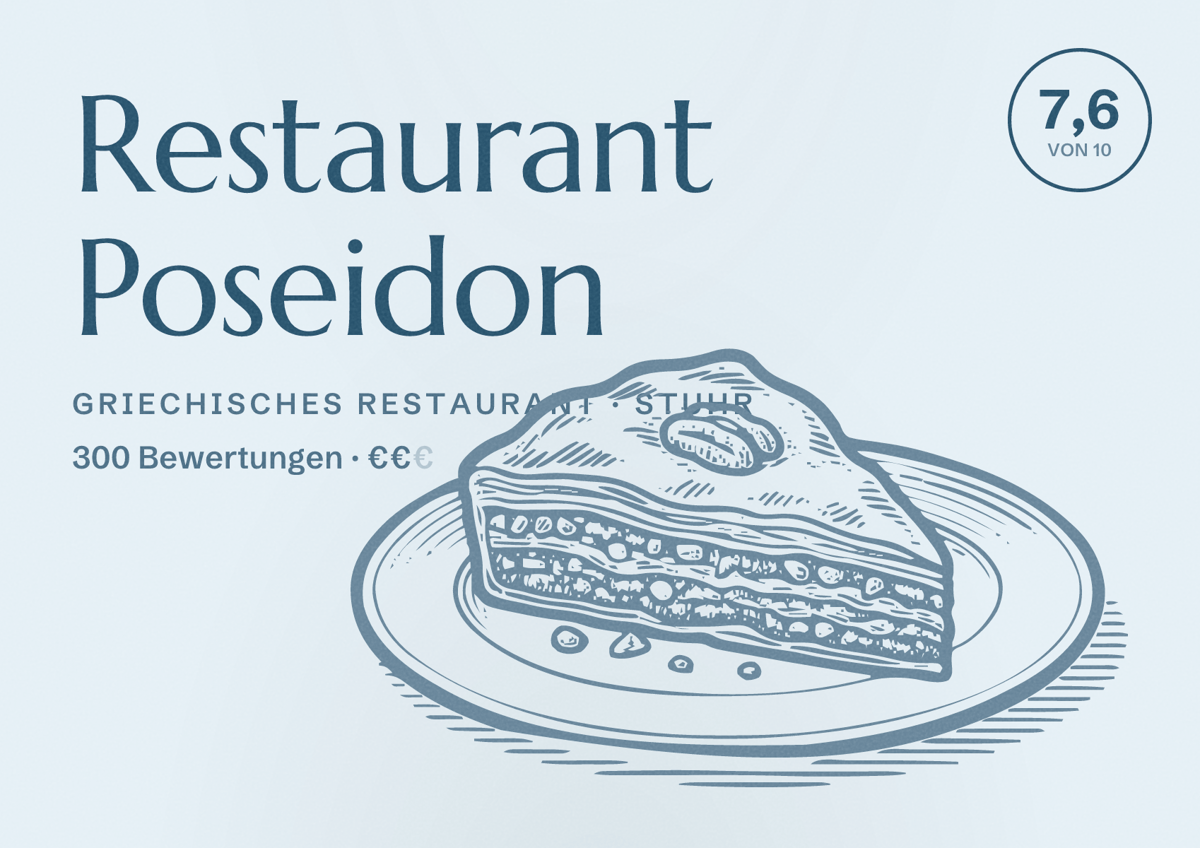 Illustriertes Poster von Restaurant Poseidon, Griechisches Restaurant in Stuhr: Bewertung 7,6 von 10 aus 300 Bewertungen, Preisniveau €€