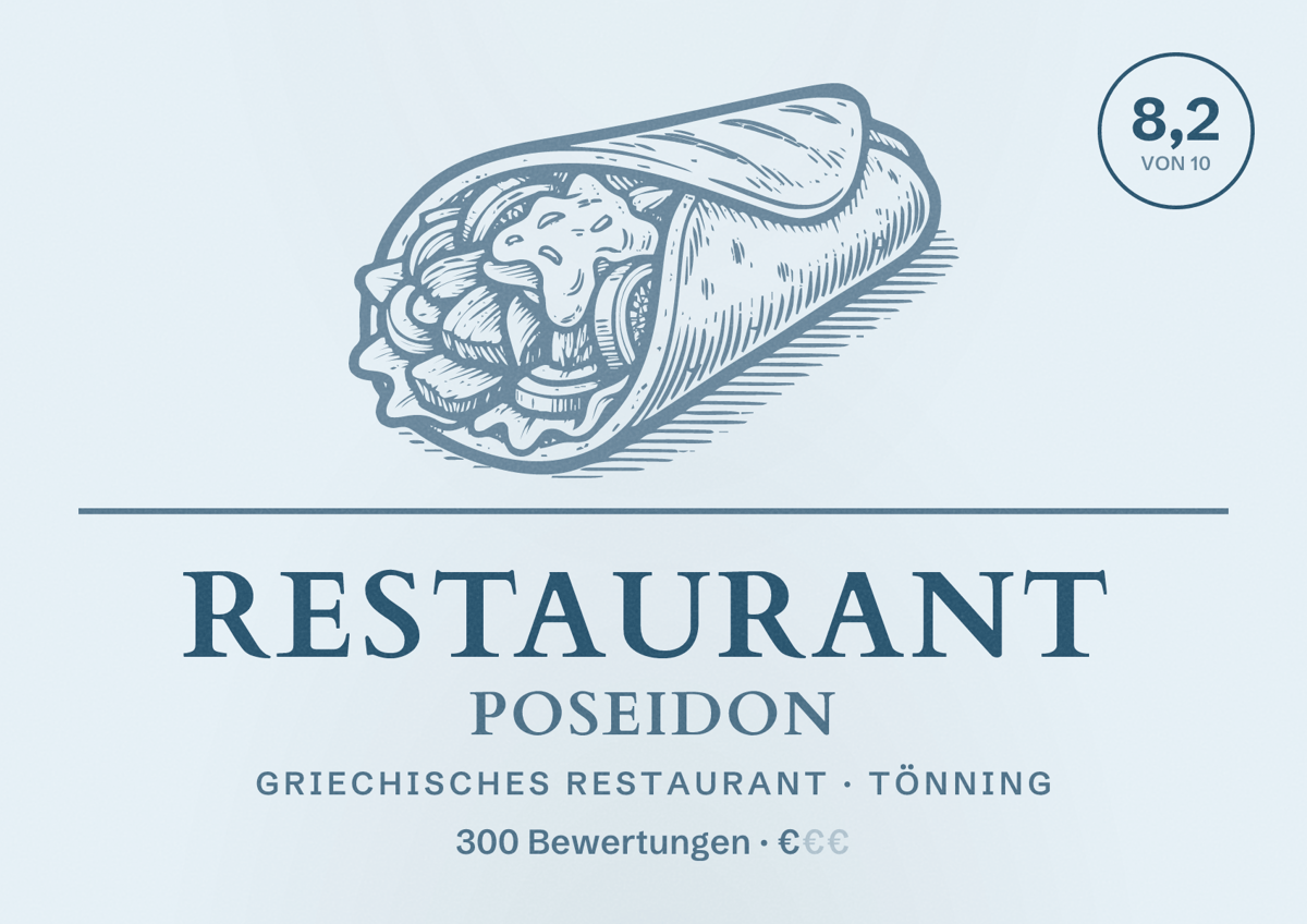 Illustriertes Poster von Restaurant Poseidon, Griechisches Restaurant in Tönning: Bewertung 8,2 von 10 aus 300 Bewertungen, Preisniveau €