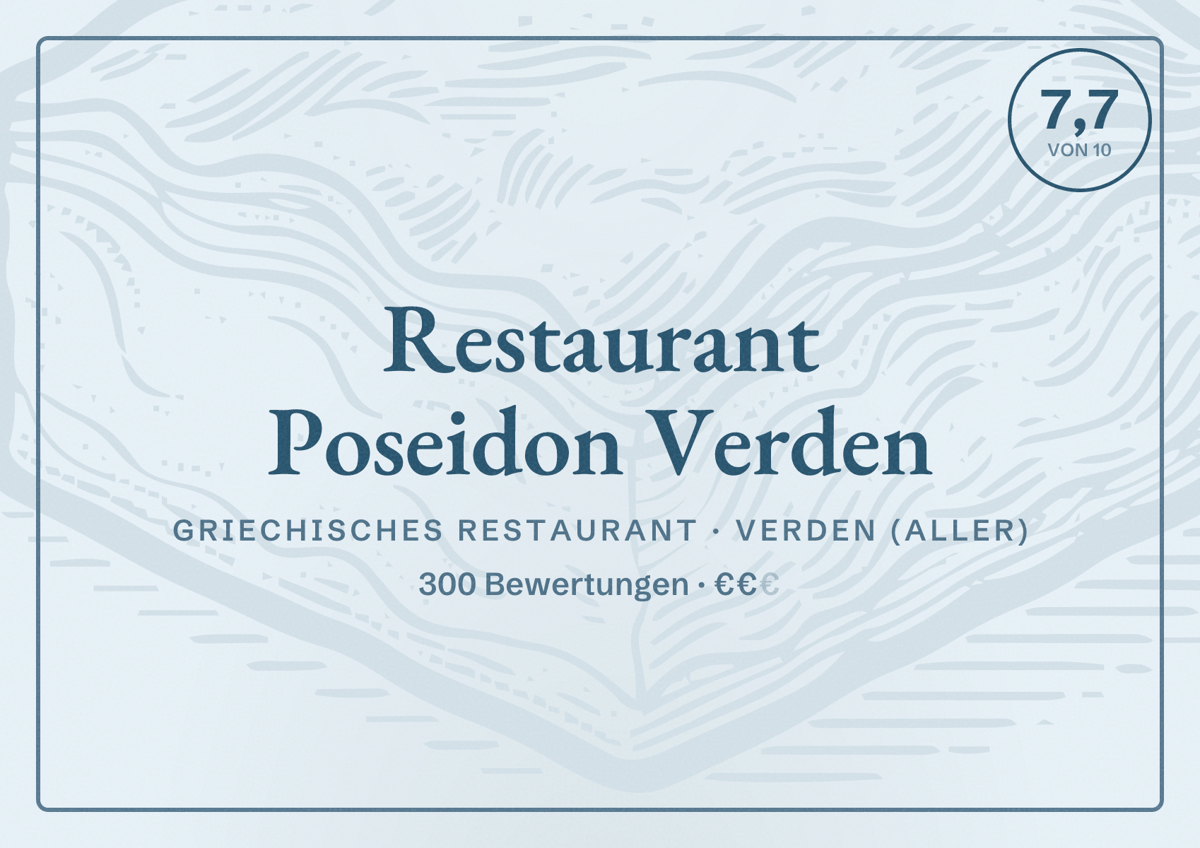 Illustriertes Poster von Restaurant Poseidon Verden, Griechisches Restaurant in Verden (Aller): Bewertung 7,7 von 10 aus 300 Bewertungen, Preisniveau €€