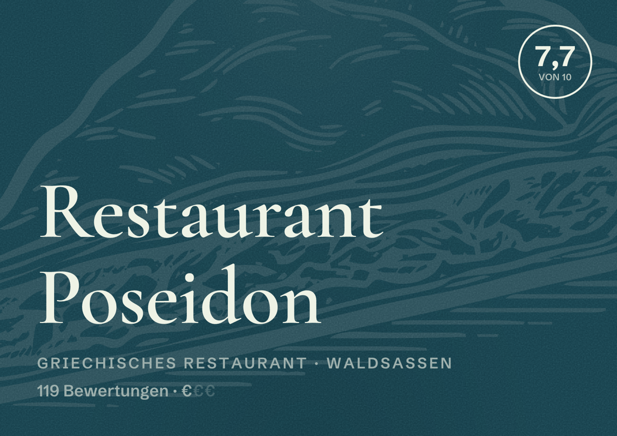 Illustriertes Poster von Restaurant Poseidon, Griechisches Restaurant in Waldsassen: Bewertung 7,7 von 10 aus 119 Bewertungen, Preisniveau €