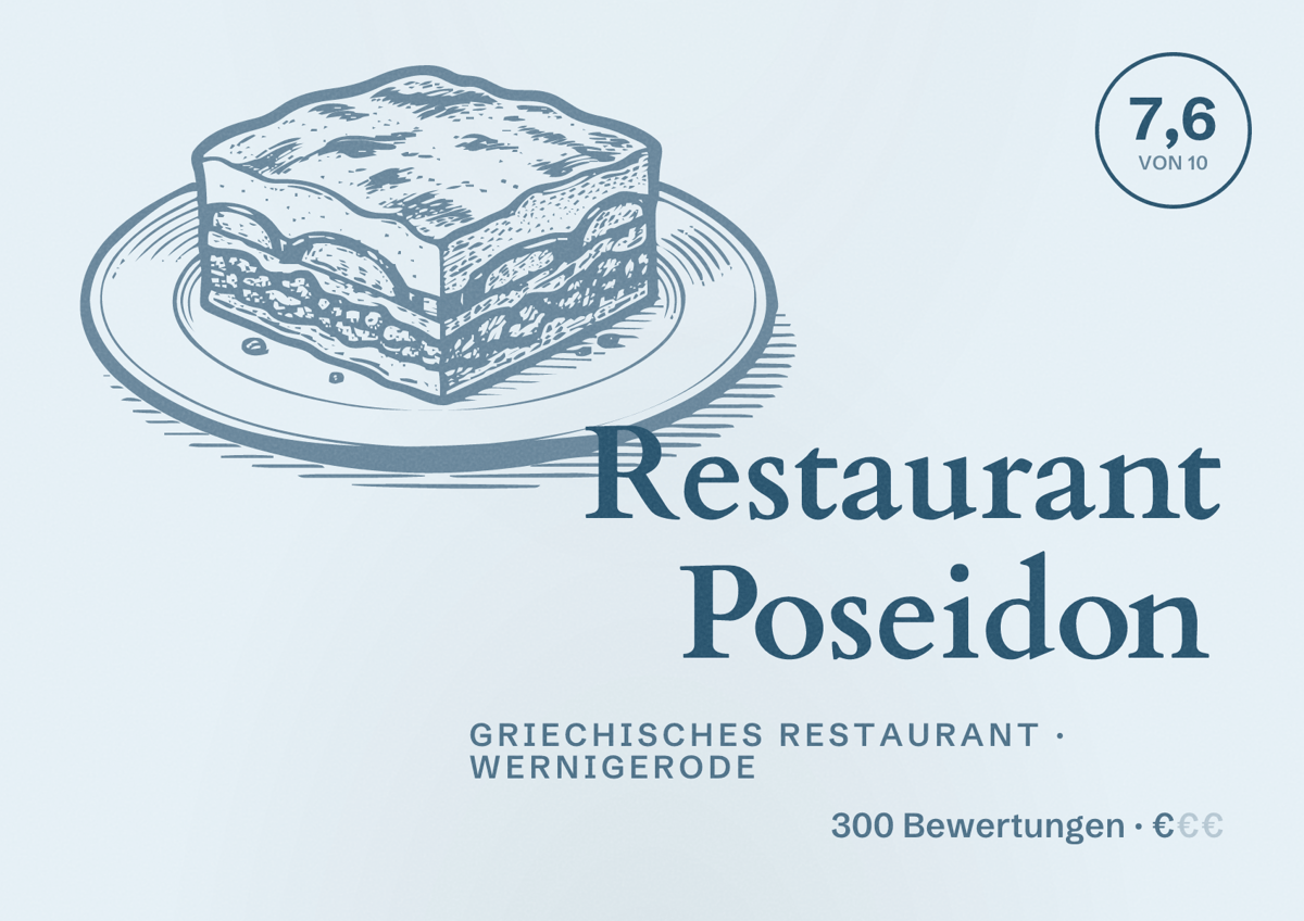 Illustriertes Poster von Restaurant Poseidon, Griechisches Restaurant in Wernigerode: Bewertung 7,6 von 10 aus 300 Bewertungen, Preisniveau €