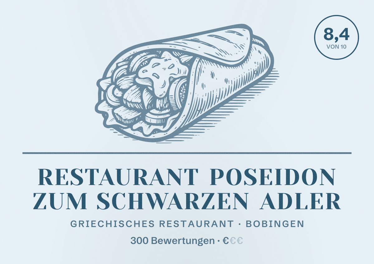 Illustriertes Poster von Restaurant Poseidon Zum Schwarzen Adler, Griechisches Restaurant in Bobingen: Bewertung 8,4 von 10 aus 300 Bewertungen, Preisniveau €