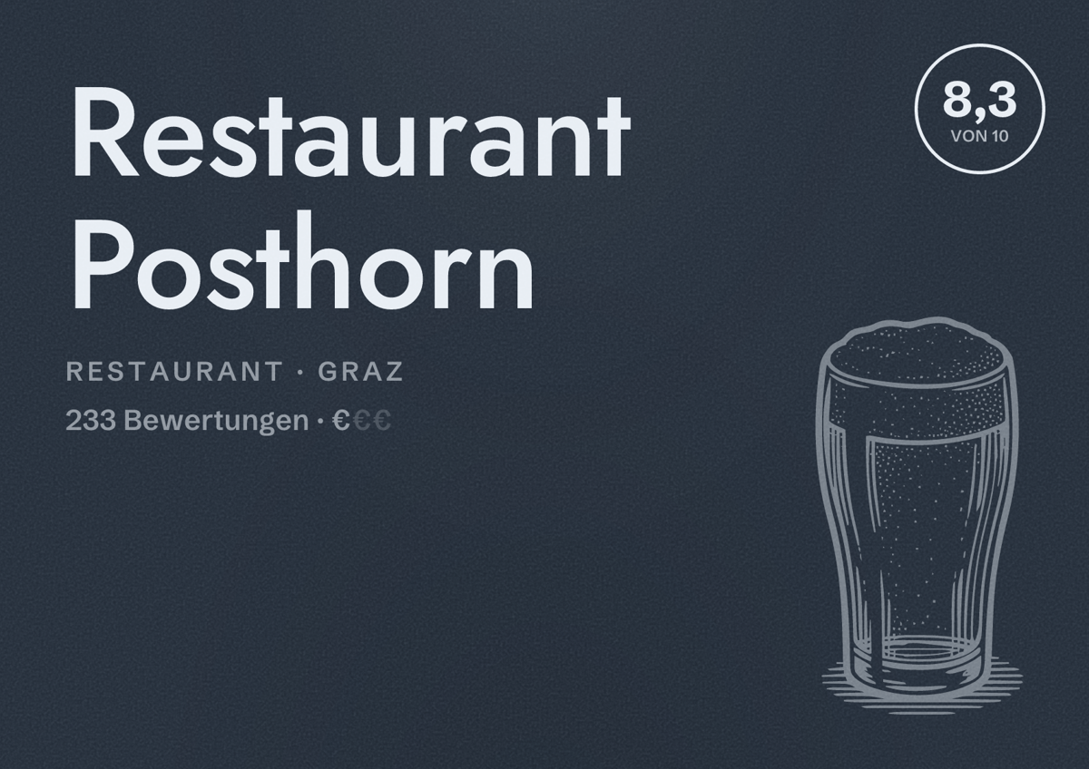 Illustriertes Poster von Restaurant Posthorn, Restaurant in Graz: Bewertung 8,3 von 10 aus 233 Bewertungen, Preisniveau €