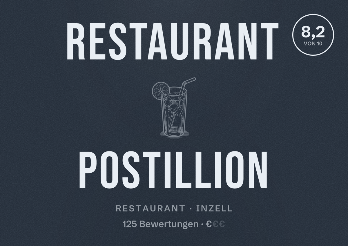 Illustriertes Poster von Restaurant Postillion, Restaurant in Inzell: Bewertung 8,2 von 10 aus 125 Bewertungen, Preisniveau €