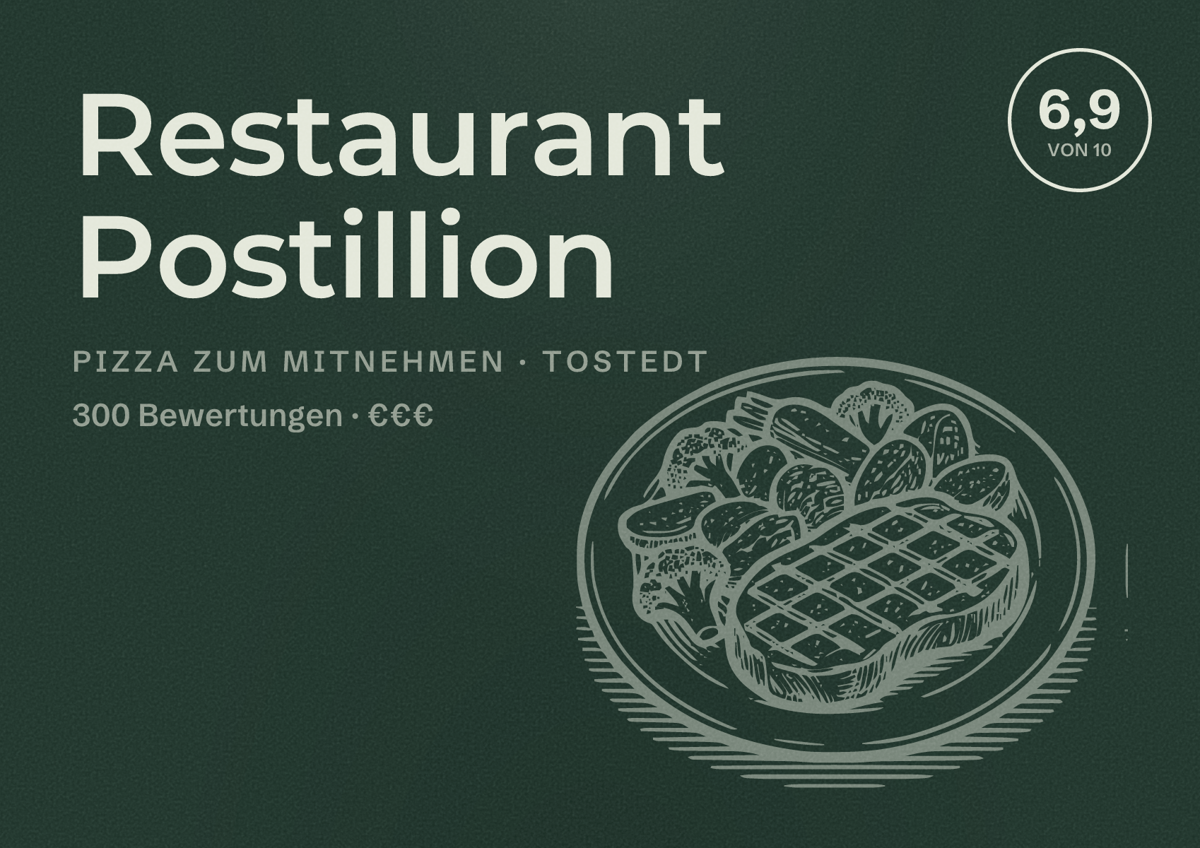 Illustriertes Poster von Restaurant Postillion, Pizza zum Mitnehmen in Tostedt: Bewertung 6,9 von 10 aus 300 Bewertungen, Preisniveau €€€