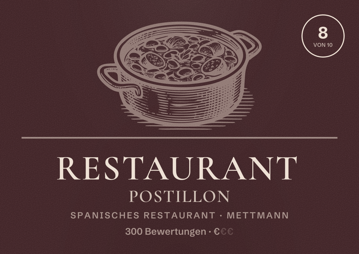 Illustriertes Poster von Restaurant Postillon, Spanisches Restaurant in Mettmann: Bewertung 8 von 10 aus 300 Bewertungen, Preisniveau €