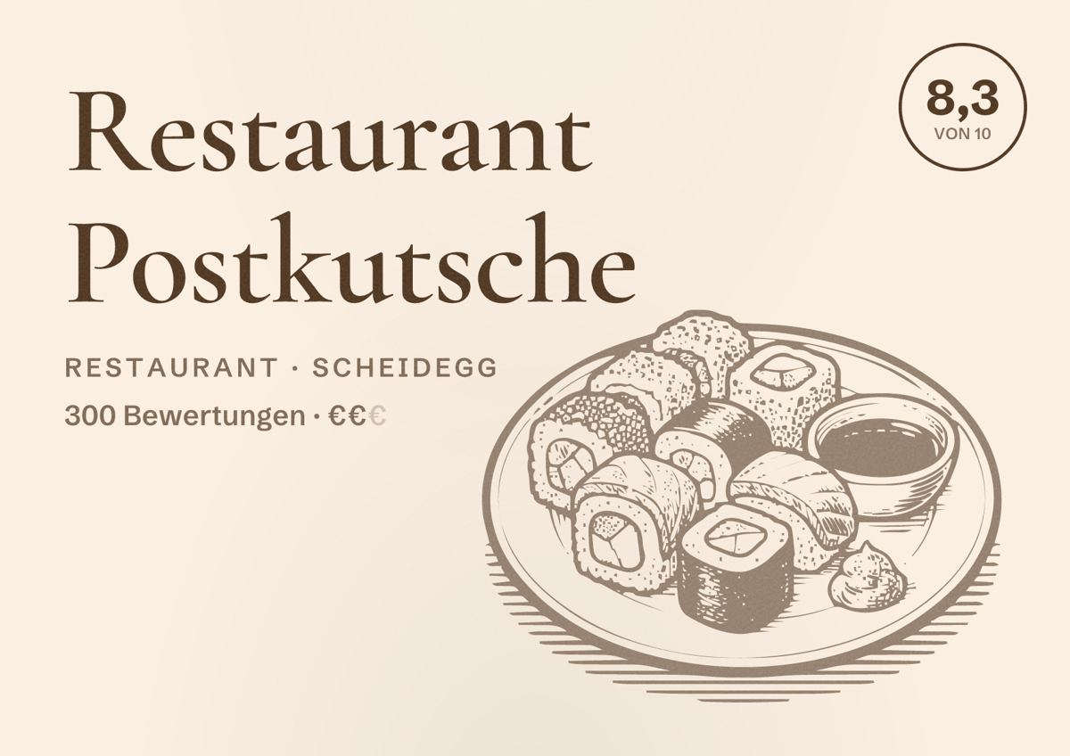 Illustriertes Poster von Restaurant Postkutsche, Restaurant in Scheidegg: Bewertung 8,3 von 10 aus 300 Bewertungen, Preisniveau €€