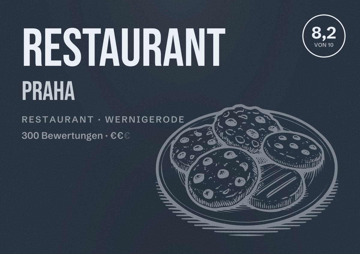 Illustriertes Poster von Restaurant Praha, Restaurant in Wernigerode: Bewertung 8,2 von 10 aus 300 Bewertungen, Preisniveau €€