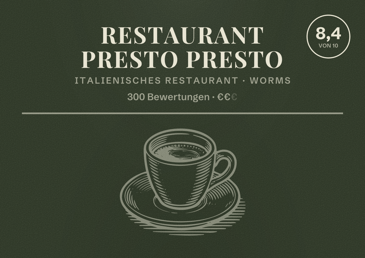 Illustriertes Poster von Restaurant Presto Presto, Italienisches Restaurant in Worms: Bewertung 8,4 von 10 aus 300 Bewertungen, Preisniveau €€