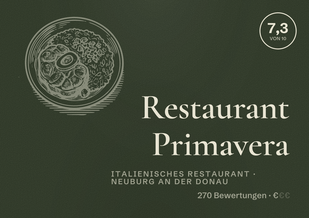 Illustriertes Poster von Restaurant Primavera, Italienisches Restaurant in Neuburg an der Donau: Bewertung 7,3 von 10 aus 270 Bewertungen, Preisniveau €