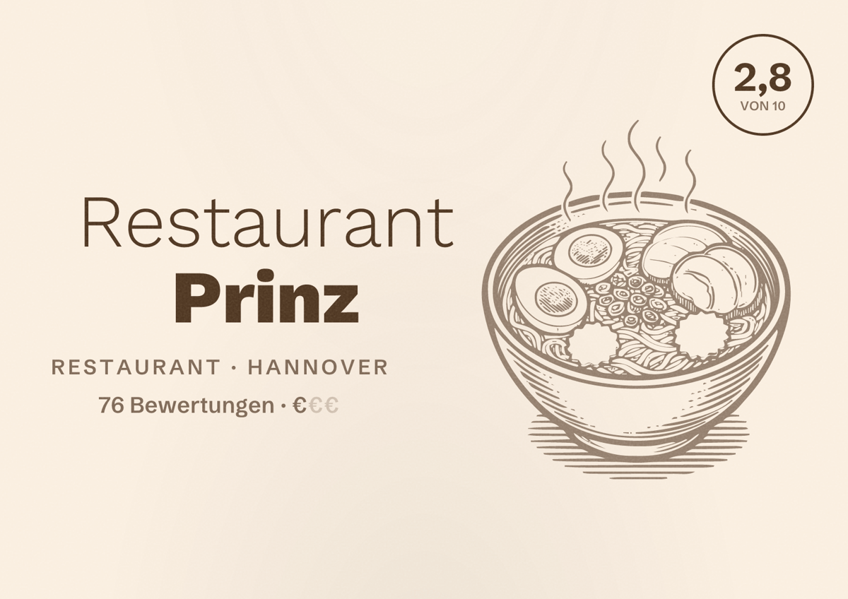 Illustriertes Poster von Restaurant Prinz, Restaurant in Hannover: Bewertung 2,8 von 10 aus 76 Bewertungen, Preisniveau €