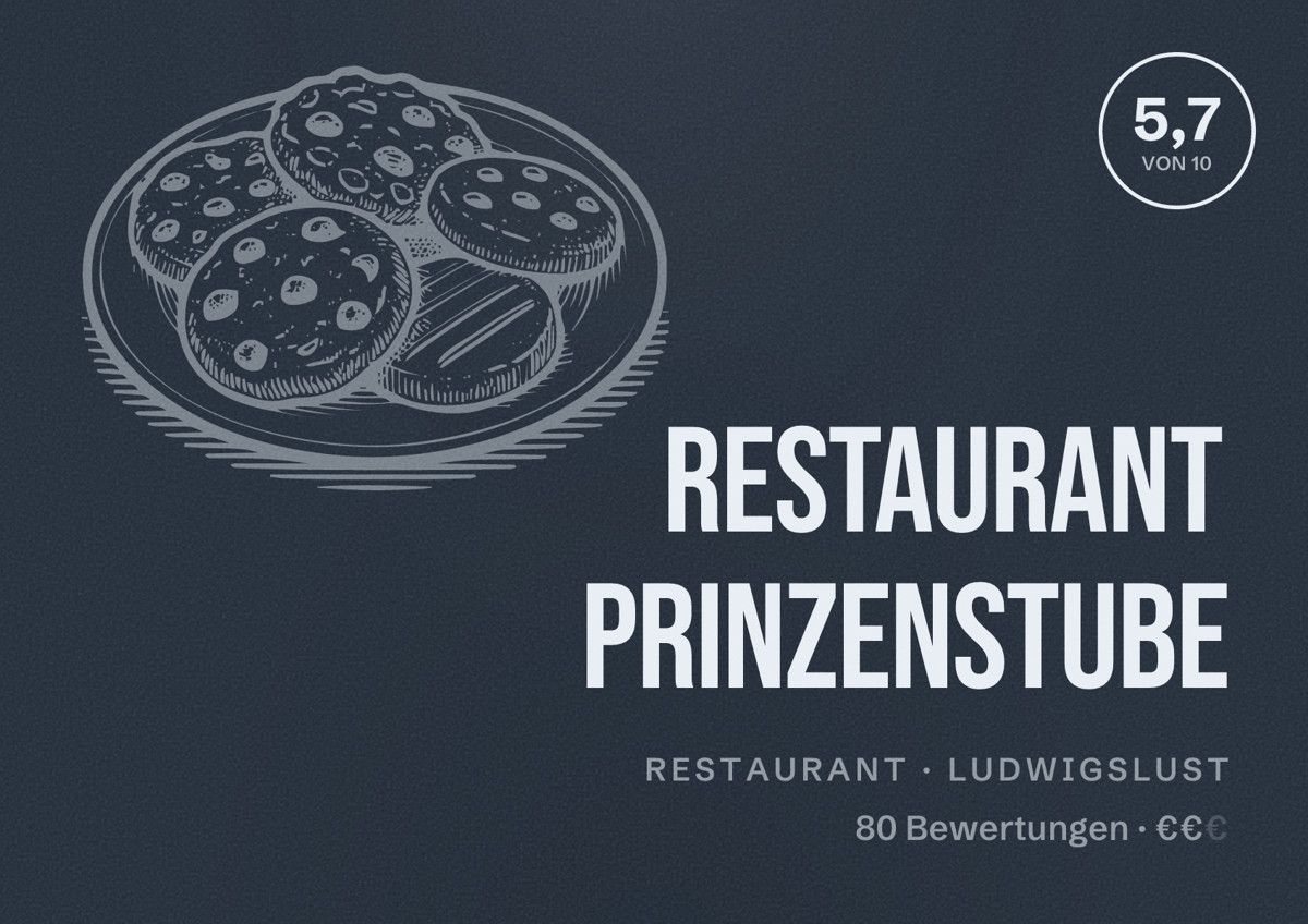 Illustriertes Poster von Restaurant Prinzenstube, Restaurant in Ludwigslust: Bewertung 5,7 von 10 aus 80 Bewertungen, Preisniveau €€
