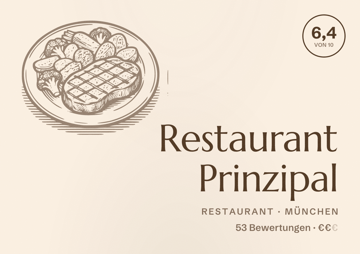 Illustriertes Poster von Restaurant Prinzipal, Restaurant in München: Bewertung 6,4 von 10 aus 53 Bewertungen, Preisniveau €€