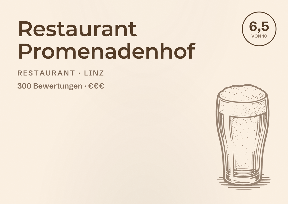 Illustriertes Poster von Restaurant Promenadenhof, Restaurant in Linz: Bewertung 6,5 von 10 aus 300 Bewertungen, Preisniveau €€€