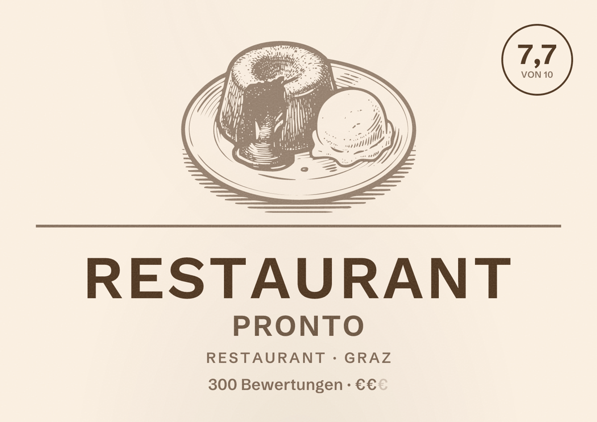 Illustriertes Poster von Restaurant Pronto, Restaurant in Graz: Bewertung 7,7 von 10 aus 300 Bewertungen, Preisniveau €€