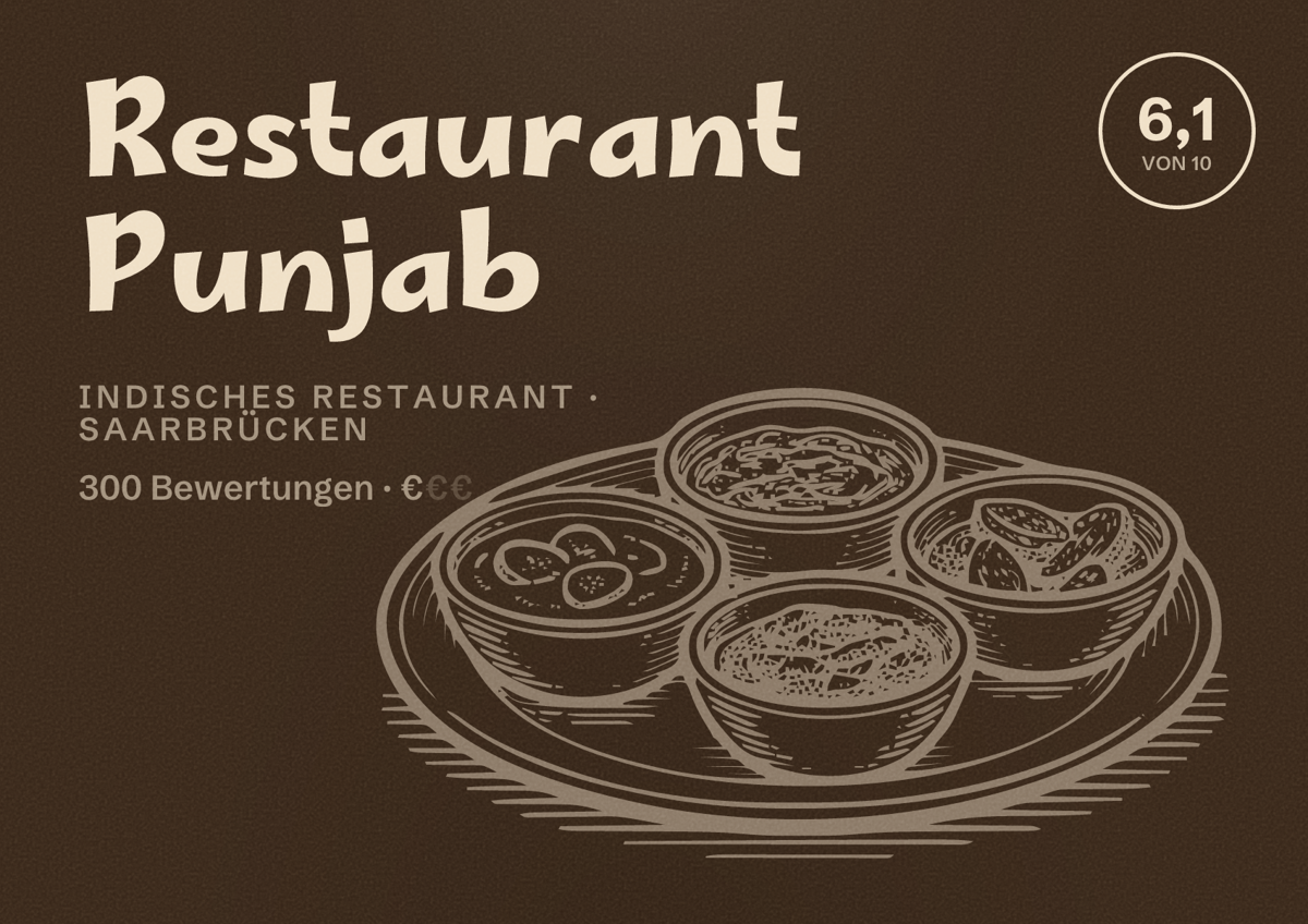 Illustriertes Poster von Restaurant Punjab, Indisches Restaurant in Saarbrücken: Bewertung 6,1 von 10 aus 300 Bewertungen, Preisniveau €