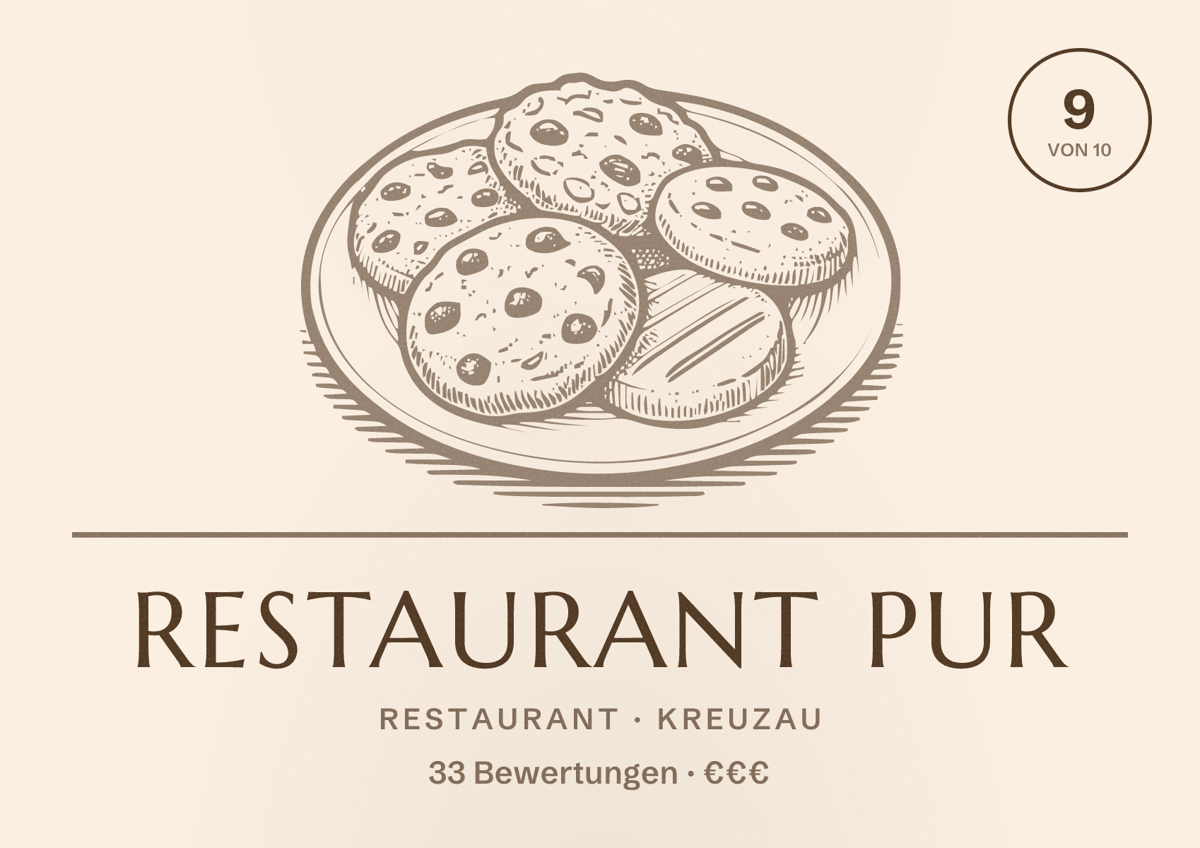 Illustriertes Poster von Restaurant PUR, Restaurant in Kreuzau: Bewertung 9 von 10 aus 33 Bewertungen, Preisniveau €€€