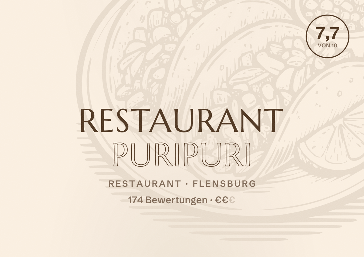 Illustriertes Poster von Restaurant puripuri, Restaurant in Flensburg: Bewertung 7,7 von 10 aus 174 Bewertungen, Preisniveau €€
