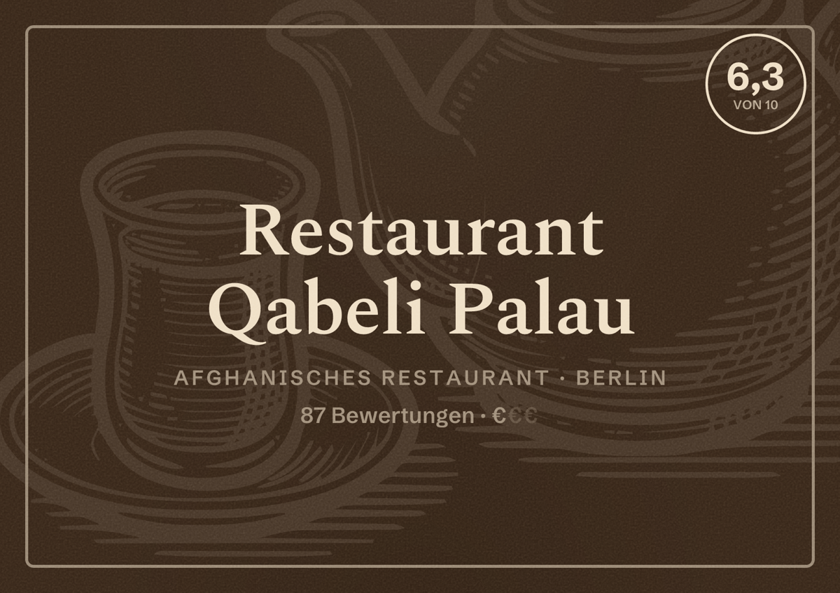 Illustriertes Poster von Restaurant Qabeli Palau, Afghanisches Restaurant in Berlin: Bewertung 6,3 von 10 aus 87 Bewertungen, Preisniveau €