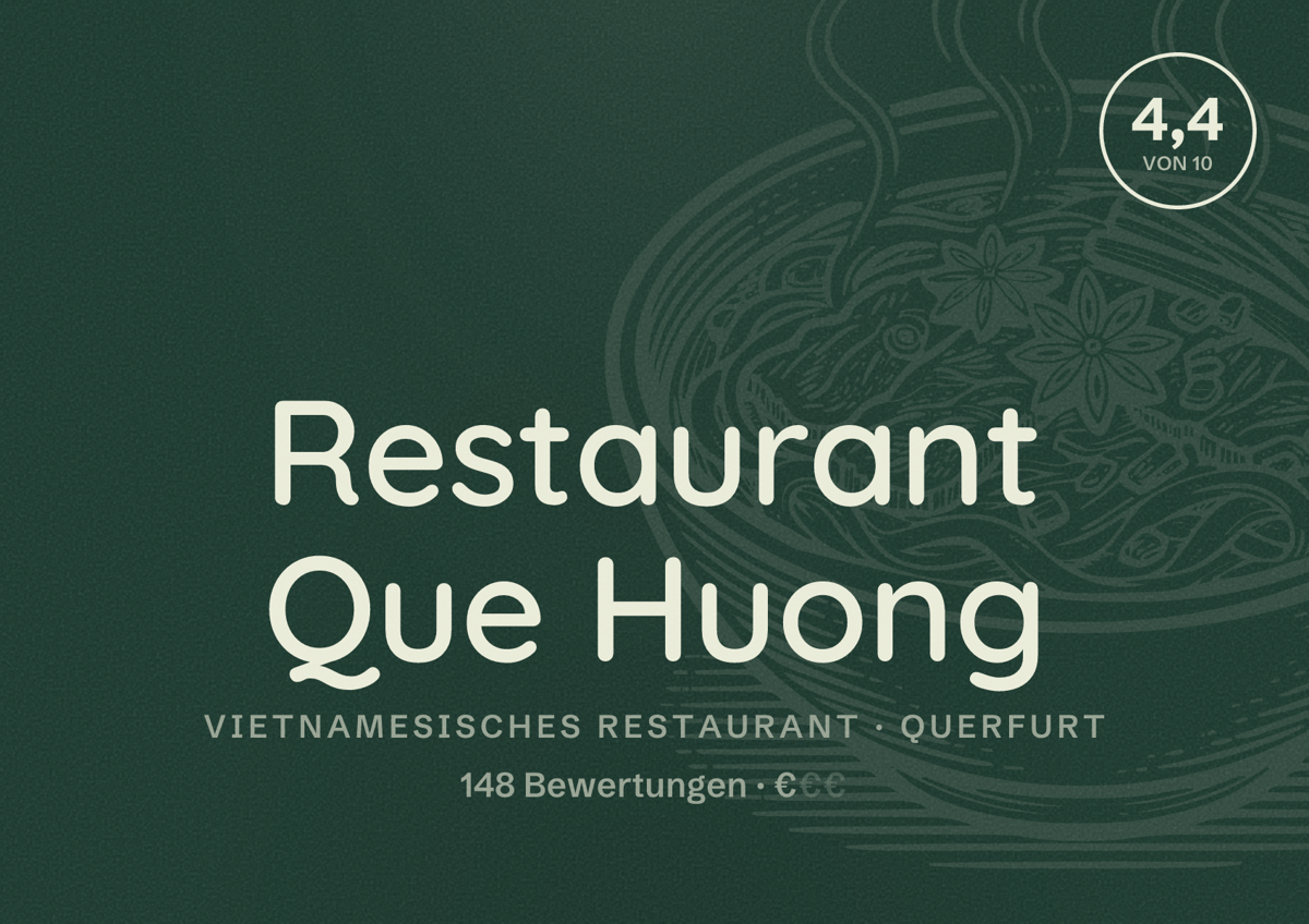 Illustriertes Poster von Restaurant Que Huong, Vietnamesisches Restaurant in Querfurt: Bewertung 4,4 von 10 aus 148 Bewertungen, Preisniveau €