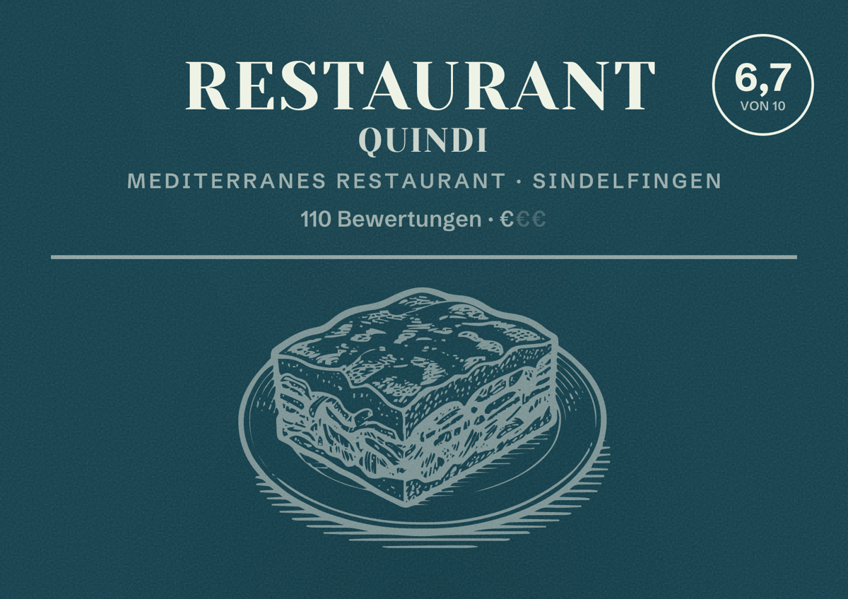 Illustriertes Poster von Restaurant Quindi, Mediterranes Restaurant in Sindelfingen: Bewertung 6,7 von 10 aus 110 Bewertungen, Preisniveau €
