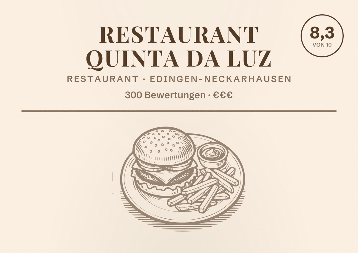 Illustriertes Poster von Restaurant Quinta da Luz, Restaurant in Edingen-Neckarhausen: Bewertung 8,3 von 10 aus 300 Bewertungen, Preisniveau €€€