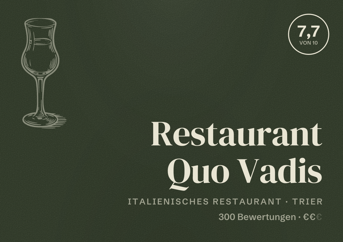 Illustriertes Poster von Restaurant Quo Vadis, Italienisches Restaurant in Trier: Bewertung 7,7 von 10 aus 300 Bewertungen, Preisniveau €€