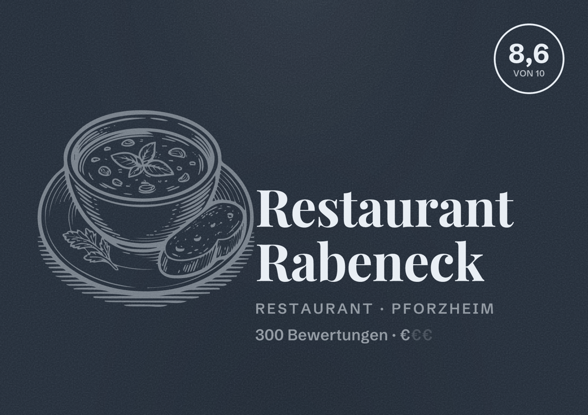 Illustriertes Poster von Restaurant Rabeneck, Restaurant in Pforzheim: Bewertung 8,6 von 10 aus 300 Bewertungen, Preisniveau €