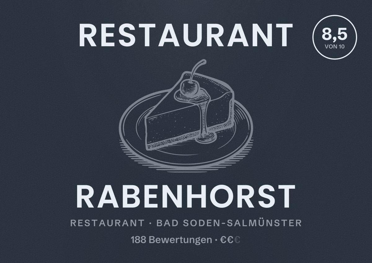 Illustriertes Poster von Restaurant Rabenhorst, Restaurant in Bad Soden-Salmünster: Bewertung 8,5 von 10 aus 188 Bewertungen, Preisniveau €€