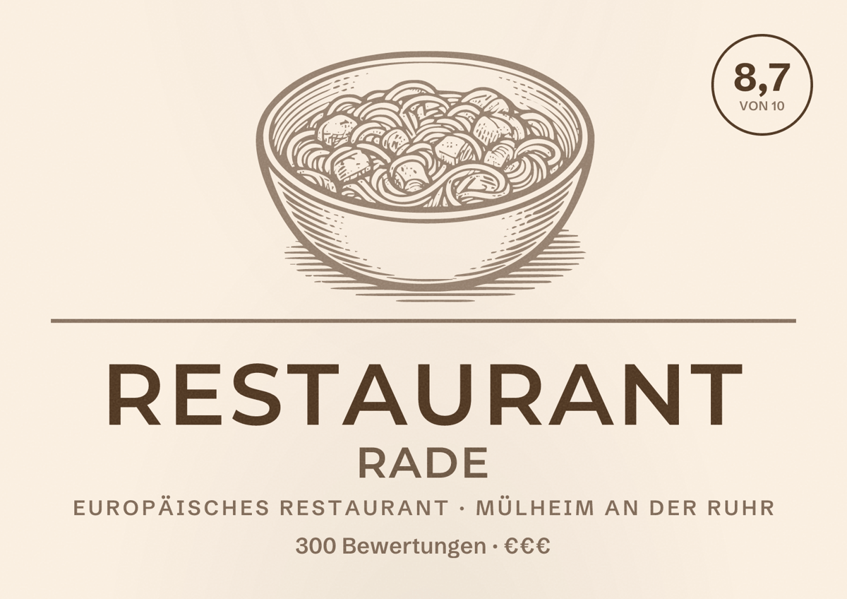 Illustriertes Poster von Restaurant Rade, Europäisches Restaurant in Mülheim an der Ruhr: Bewertung 8,7 von 10 aus 300 Bewertungen, Preisniveau €€€
