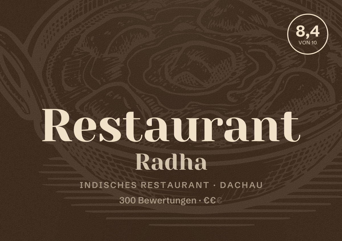Illustriertes Poster von Restaurant Radha, Indisches Restaurant in Dachau: Bewertung 8,4 von 10 aus 300 Bewertungen, Preisniveau €€