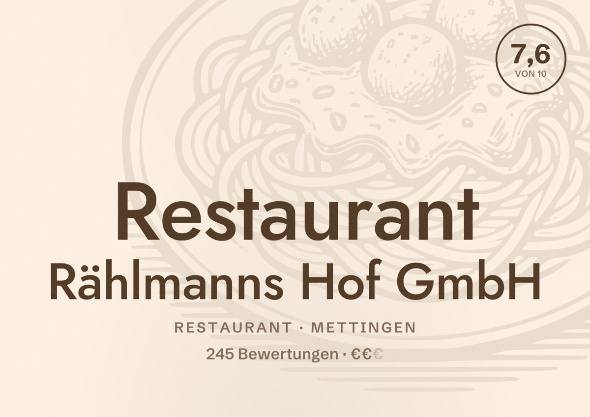 Illustriertes Poster von Restaurant Rählmanns Hof GmbH, Restaurant in Mettingen: Bewertung 7,6 von 10 aus 245 Bewertungen, Preisniveau €€