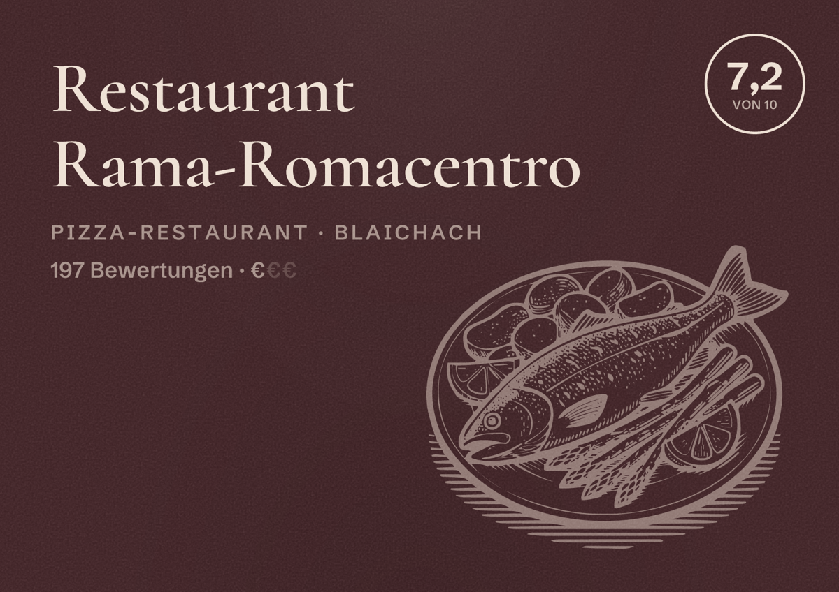 Illustriertes Poster von Restaurant Rama-Romacentro, Pizza-Restaurant in Blaichach: Bewertung 7,2 von 10 aus 197 Bewertungen, Preisniveau €