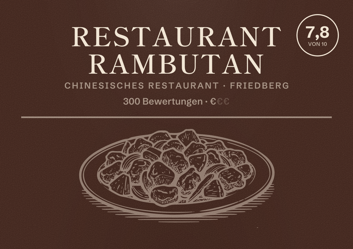 Illustriertes Poster von Restaurant Rambutan, Chinesisches Restaurant in Friedberg: Bewertung 7,8 von 10 aus 300 Bewertungen, Preisniveau €