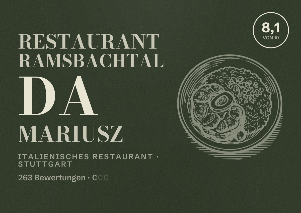 Illustriertes Poster von Restaurant Ramsbachtal da Mariusz -, Italienisches Restaurant in Stuttgart: Bewertung 8,1 von 10 aus 263 Bewertungen, Preisniveau €