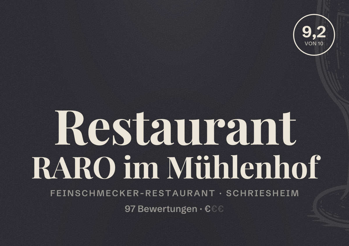 Illustriertes Poster von Restaurant RARO im Mühlenhof, Feinschmecker-Restaurant in Schriesheim: Bewertung 9,2 von 10 aus 97 Bewertungen, Preisniveau €