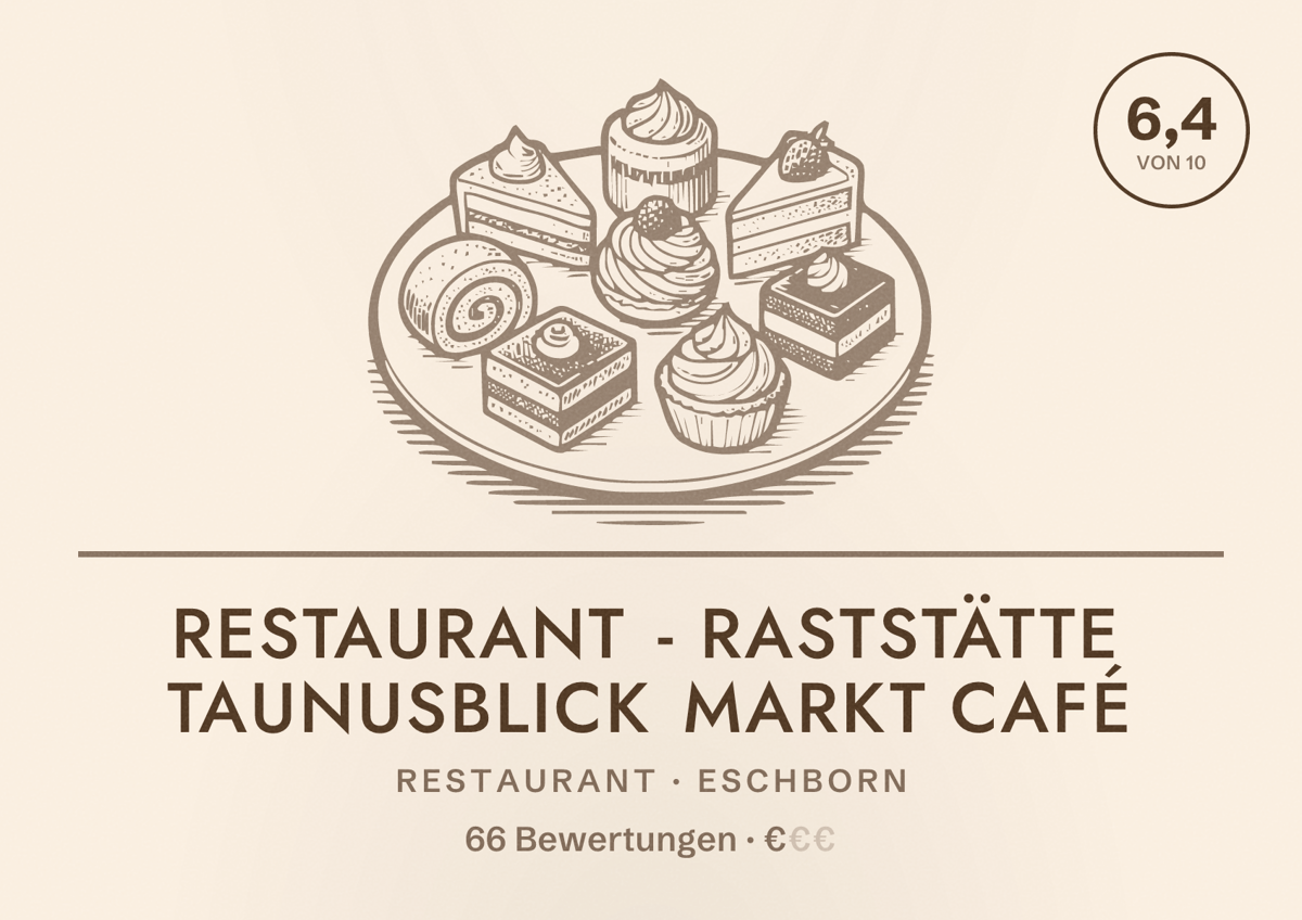 Illustriertes Poster von Restaurant - Raststätte Taunusblick Markt Café, Restaurant in Eschborn: Bewertung 6,4 von 10 aus 66 Bewertungen, Preisniveau €
