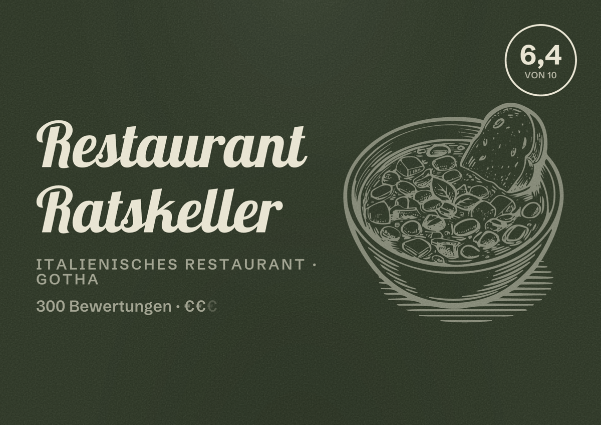 Illustriertes Poster von Restaurant Ratskeller, Italienisches Restaurant in Gotha: Bewertung 6,4 von 10 aus 300 Bewertungen, Preisniveau €€