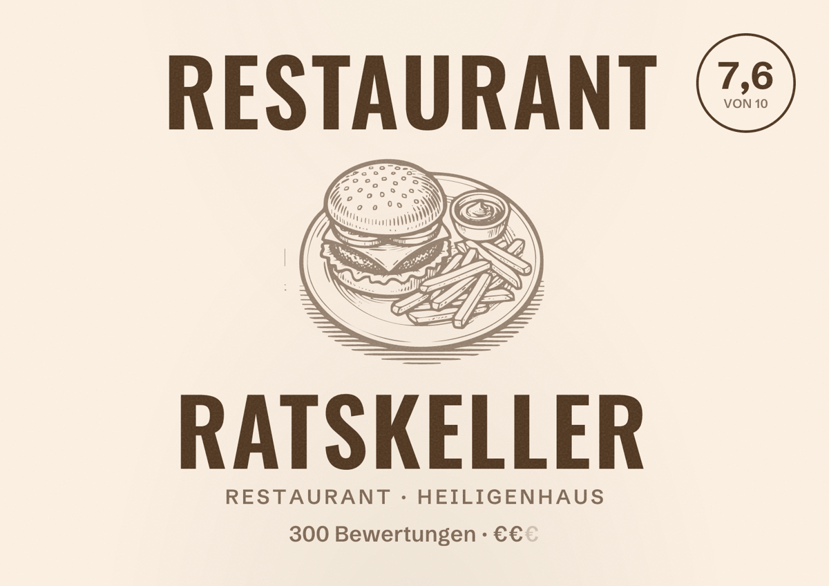 Illustriertes Poster von Restaurant Ratskeller, Restaurant in Heiligenhaus: Bewertung 7,6 von 10 aus 300 Bewertungen, Preisniveau €€