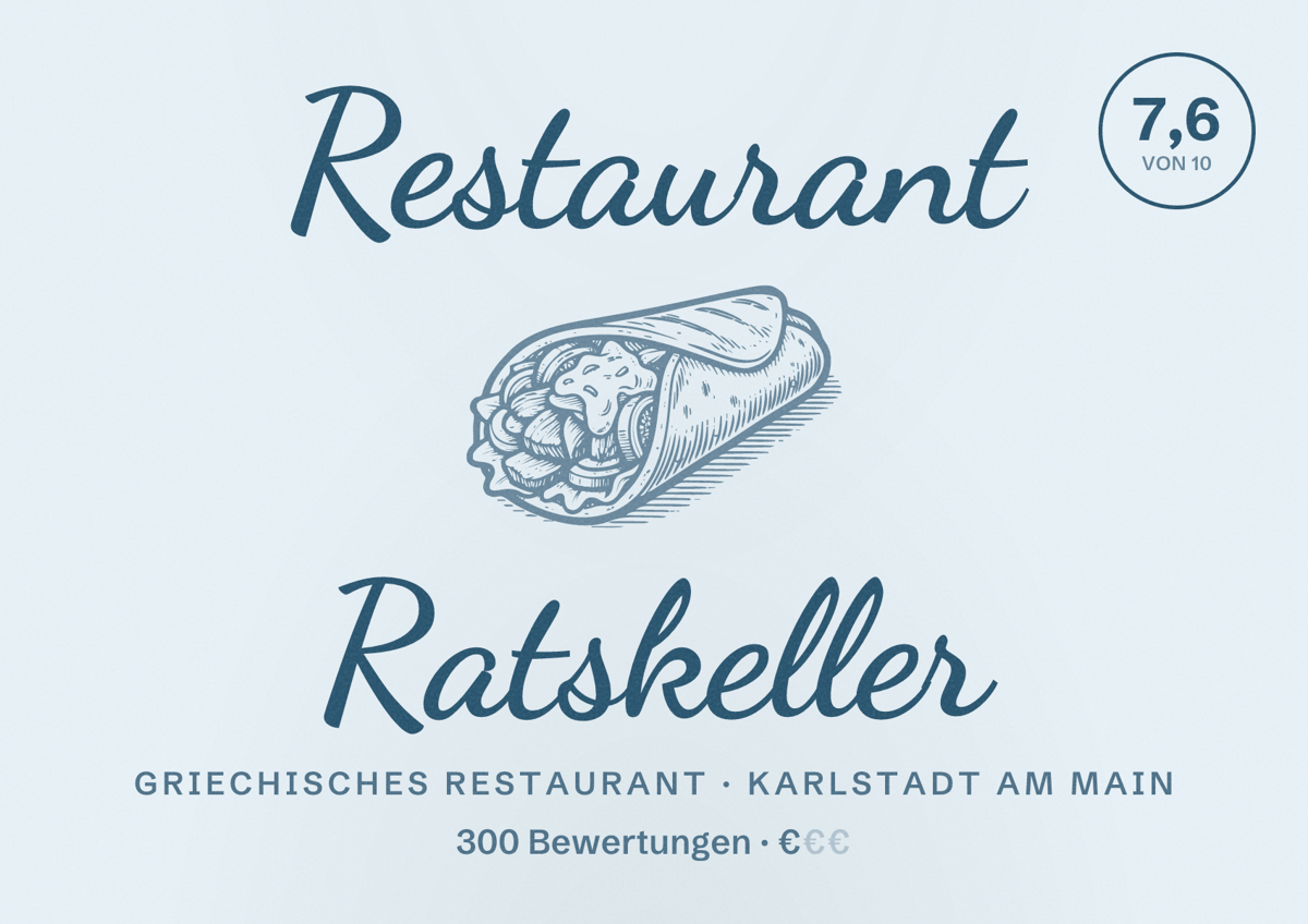 Illustriertes Poster von Restaurant Ratskeller, Griechisches Restaurant in Karlstadt am Main: Bewertung 7,6 von 10 aus 300 Bewertungen, Preisniveau €