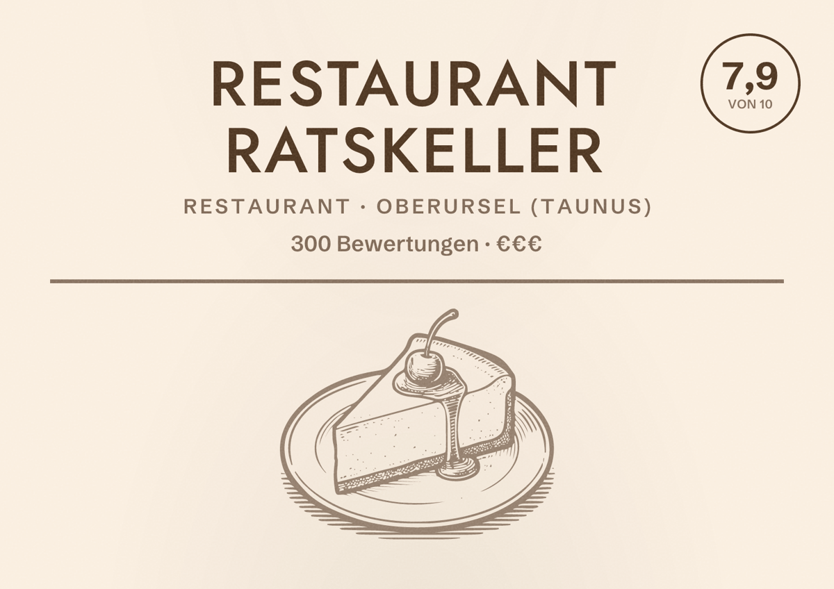 Illustriertes Poster von Restaurant Ratskeller, Restaurant in Oberursel (Taunus): Bewertung 7,9 von 10 aus 300 Bewertungen, Preisniveau €€€