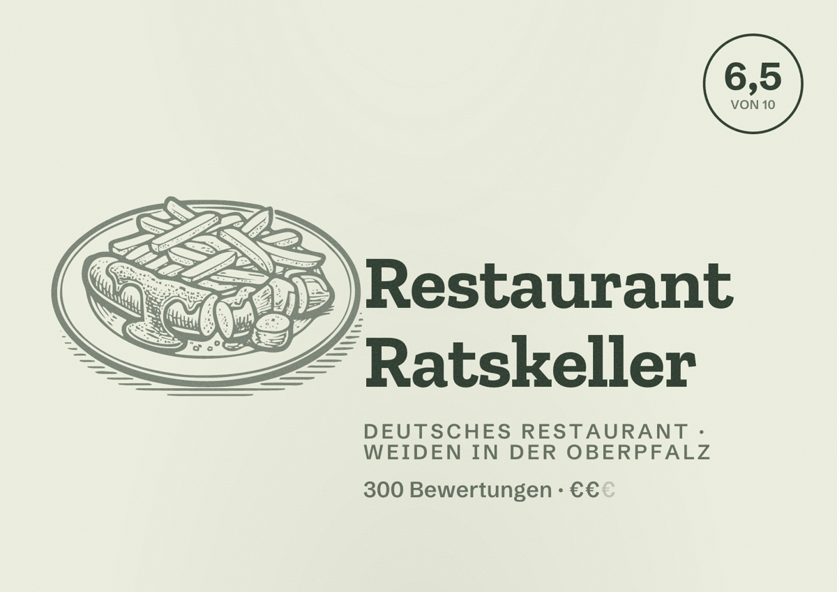 Illustriertes Poster von Restaurant Ratskeller, Deutsches Restaurant in Weiden in der Oberpfalz: Bewertung 6,5 von 10 aus 300 Bewertungen, Preisniveau €€