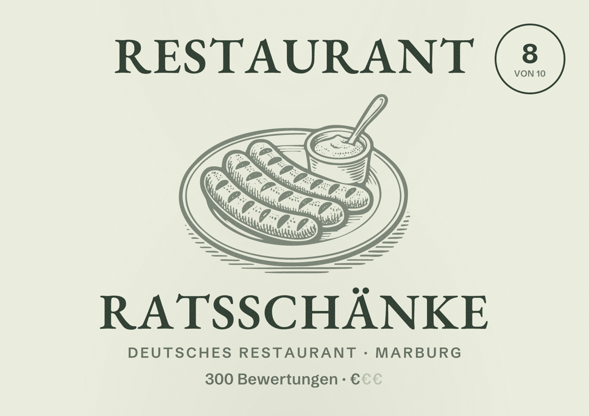 Illustriertes Poster von Restaurant Ratsschänke, Deutsches Restaurant in Marburg: Bewertung 8 von 10 aus 300 Bewertungen, Preisniveau €