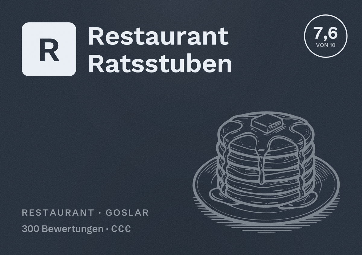 Illustriertes Poster von Restaurant Ratsstuben, Restaurant in Goslar: Bewertung 7,6 von 10 aus 300 Bewertungen, Preisniveau €€€