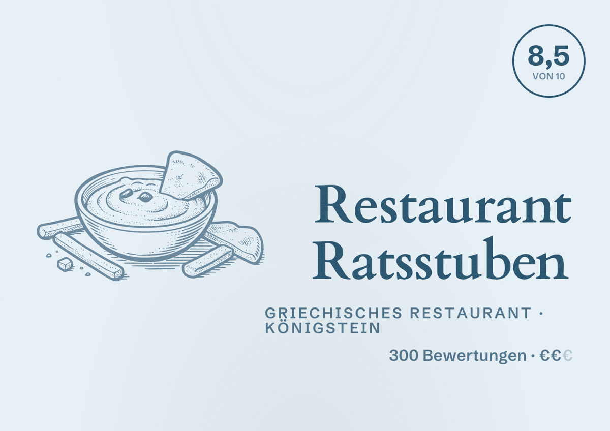 Illustriertes Poster von Restaurant Ratsstuben, Griechisches Restaurant in Königstein: Bewertung 8,5 von 10 aus 300 Bewertungen, Preisniveau €€